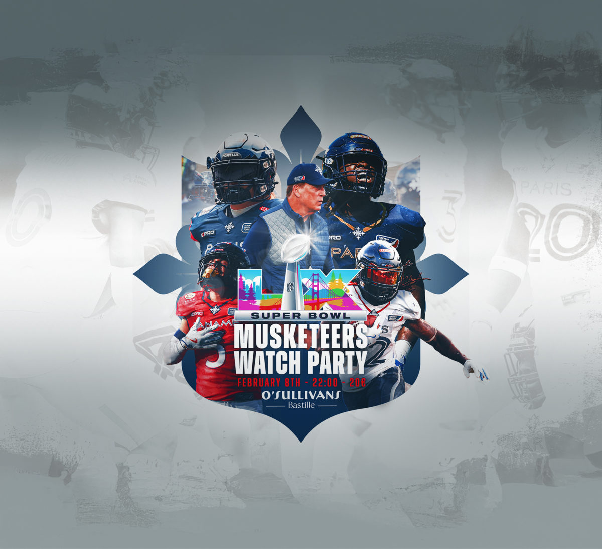 Super bowl watch party with musketeers Bastille